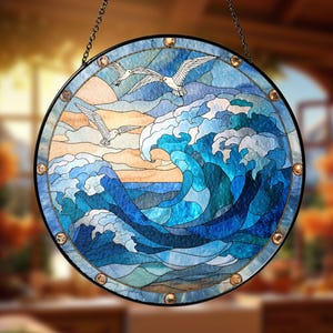 Ocean Wave Glass Suncatcher, Coastal Seagull Nautical Window Hanging, Blue Sea Suncatcher Ornament, Gift for Ocean Lover, Gift for Parents