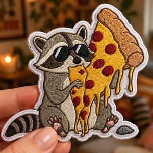 May include: An embroidered patch featuring a gray and white raccoon wearing black sunglasses and holding a large slice of pepperoni pizza with melted yellow cheese. The patch has a white border and detailed stitching throughout the design.
