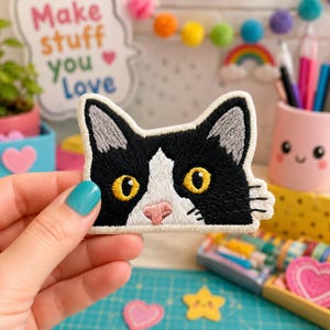 Cute Black Cat Embroidered Patch, Peeking Kitten Iron On Patch, Kawaii Animal Badge, Jacket Backpack Craft Gift Her