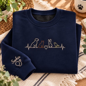 May include: A navy blue crewneck sweatshirt featuring an embroidered heartbeat line graphic with silhouettes of a dog, cat, rabbit, and bird, plus a heart symbol. The sleeve is embroidered with the name Sophia and a stethoscope icon.