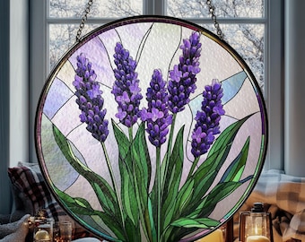 Lavender Stained Glass Style Suncatcher, Floral Window Hanging