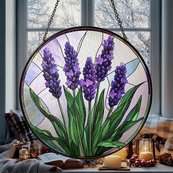 Lavender Stained Glass Style Suncatcher, Floral Window Hanging