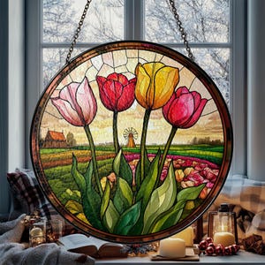 Tulip Glass Suncatcher, Tulips Glass Suncatcher Window Hangings, Housewarming Gift, Flower Lovers Gift for Her, Christmas Ornament