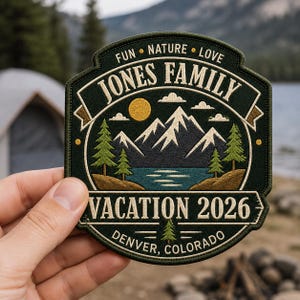 May include: A dark green embroidered patch featuring a mountain landscape with a lake, pine trees, and a yellow sun. The text reads: FUN NATURE LOVE, JONES FAMILY, VACATION 2026, and DENVER, COLORADO. The design is circular with a banner across the top.