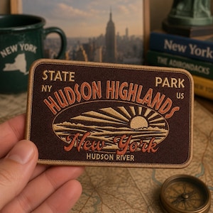 May include: A rectangular embroidered patch with a dark brown background and a tan border. The text reads STATE PARK, NY, HUDSON HIGHLANDS, US, New York, and HUDSON RIVER. It features an orange and tan graphic of a sun rising over a landscape.