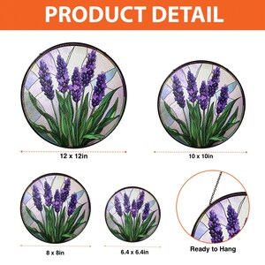 May include: A set of four stained glass window panels featuring a lavender floral design. The panels are available in four sizes: 12 inches by 12 inches, 10 inches by 10 inches, 8 inches by 8 inches, and 6.4 inches by 6.4 inches. The panels are ready to hang.