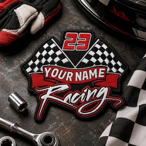 Custom Name And Number Racer Patch, Motorsport Flag Embroidered Patch, Personalized Racing Flag Badge, Gift For Drivers Racers Team