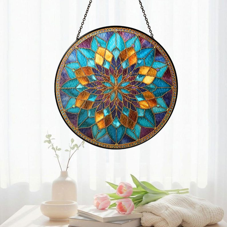 Teal & Gold Mandala Suncatcher, Boho Window Hanging bild 2