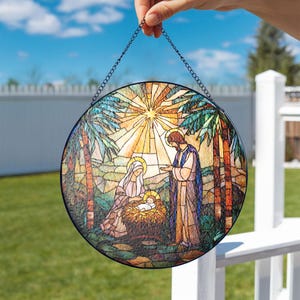 Nativity Scene Suncatcher, Stained Glass Christian Window Hanging, Birth of Jesus Christ, Religious Decor, Christian Gift Christmas Ornament