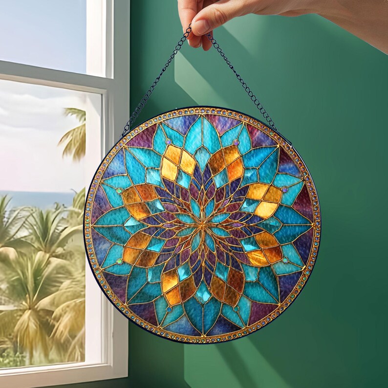 Teal & Gold Mandala Suncatcher, Boho Window Hanging bild 8