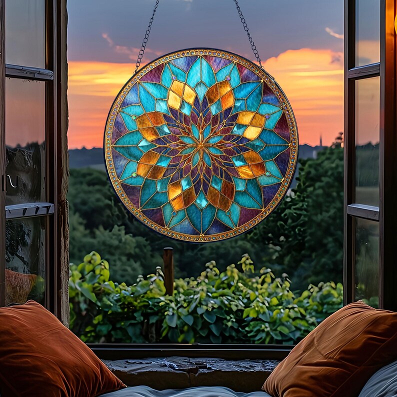 Teal & Gold Mandala Suncatcher, Boho Window Hanging bild 9