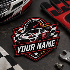 Custom Racing Name Patch, Embroidered Checkered Flag Iron On Patches, Personalized Sports Race Car Badge for Jacket Backpack Team