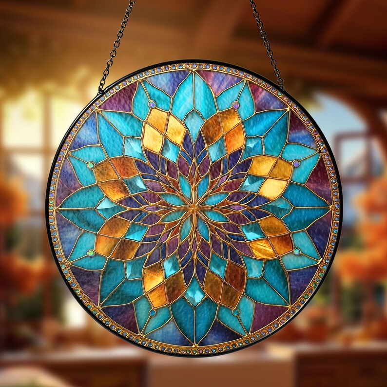 Teal & Gold Mandala Suncatcher, Boho Window Hanging bild 5