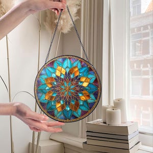 Teal & Gold Mandala Suncatcher, Boho Window Hanging bild 3