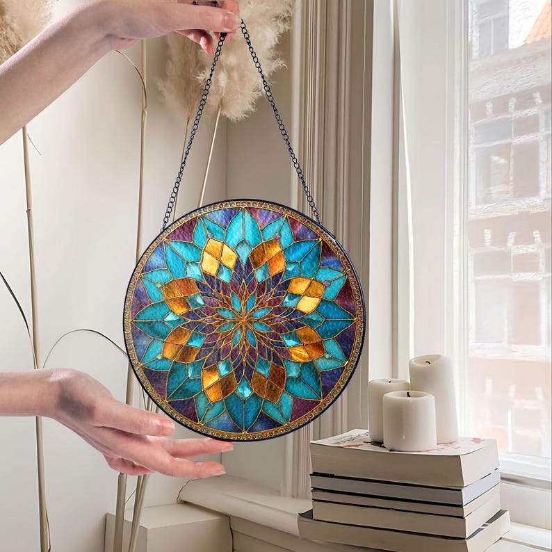 Teal & Gold Mandala Suncatcher, Boho Window Hanging bild 3