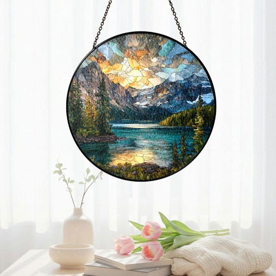 Mountain Lake Acrylic Suncatcher, Rockies Cabin Window Art