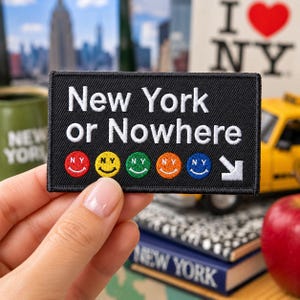 New York Or Nowhere Embroidered Patch, Vintage NYC Subway Sign Iron On Patch, Metro Smiley Badge, Big Apple Transit Jacket Backpack Gift