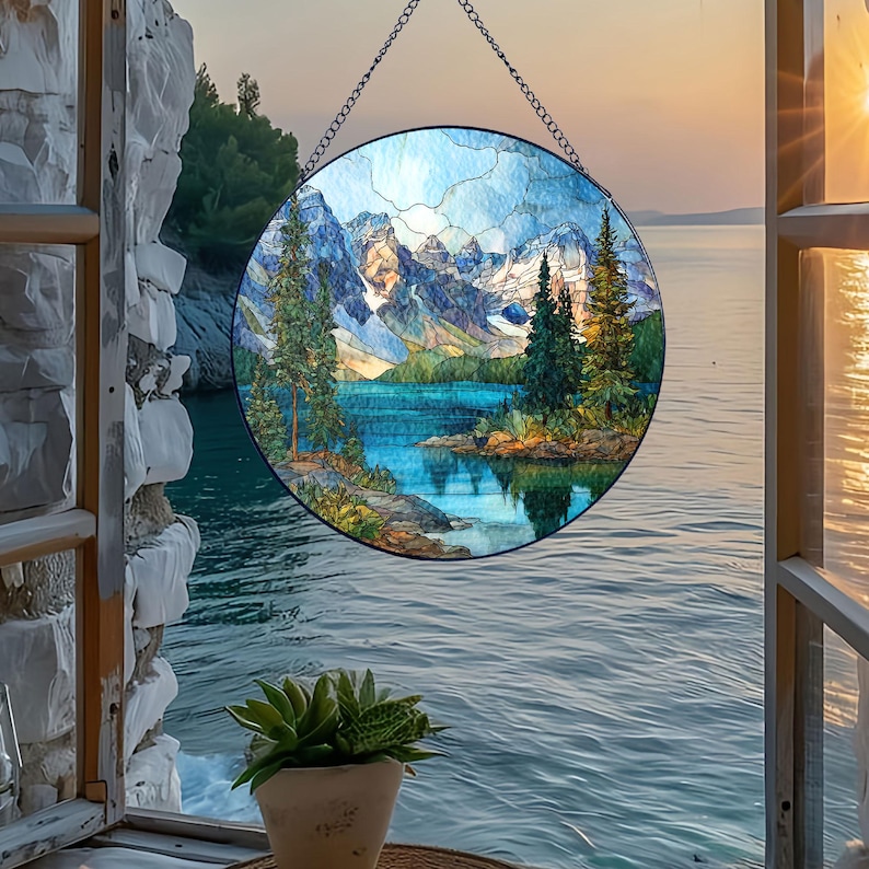 Alpine Lake Suncatcher, Stained Glass-style Window Hanging - Etsy