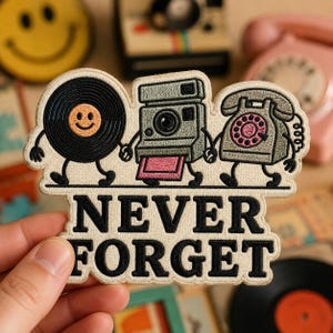 May include: An embroidered patch featuring a black vinyl record with a smiley face, a gray instant camera, and a gray rotary telephone holding hands. The text NEVER FORGET is stitched in black below the figures on a cream-colored background.