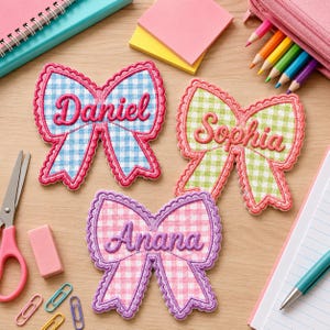 Personalized Coquette Bow Name Patch, Custom Gingham Plaid Bow Embroidered Badge, Kids Backpack Name Tag, Iron On Tag, Back to School Gift