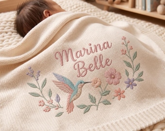 Personalized Humming Bird Embroidered Baby Blanket, Custom Name Knitted Blanket, Flowers Newborn Blanket, Nursery Keepsake, Baby Gift