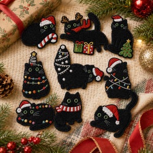 May include: A collection of nine black cat embroidered patches featuring various holiday themes, including cats wearing Santa hats, wrapped in colorful Christmas lights, wearing reindeer antlers, and sitting beside small gift boxes and a Christmas tree.