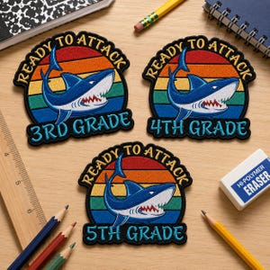 Personalized Ready To Attack 3rd 4th 5th Grade Embroidered Badge, Custom Grade Patch, Kids Backpack Shark Tag, Back To School Gift