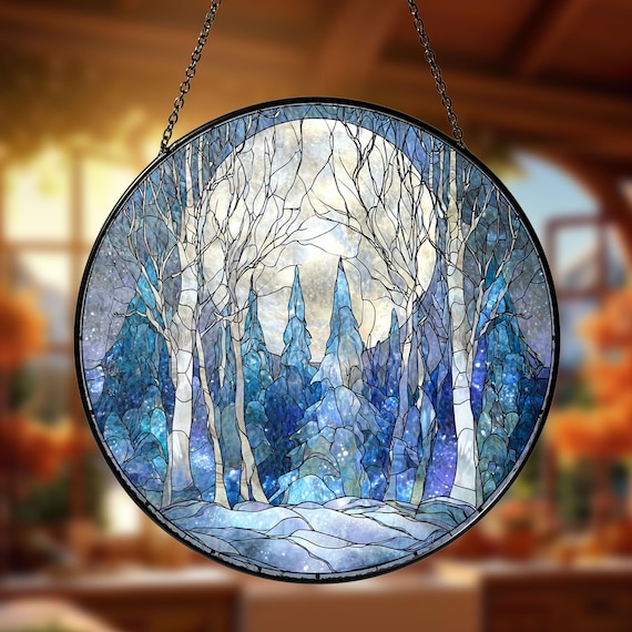 Winter Forest Moon Suncatcher, Snowy Landscape Window Hanging, Gift For Family