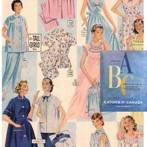 May include: A vintage Eaton's of Canada Spring and Summer 1957 catalog page featuring illustrations of various sleepwear and loungewear sets for girls and adults. The page includes text such as sleeptime parade, for TALL GIRLS too, and simple as ABC.