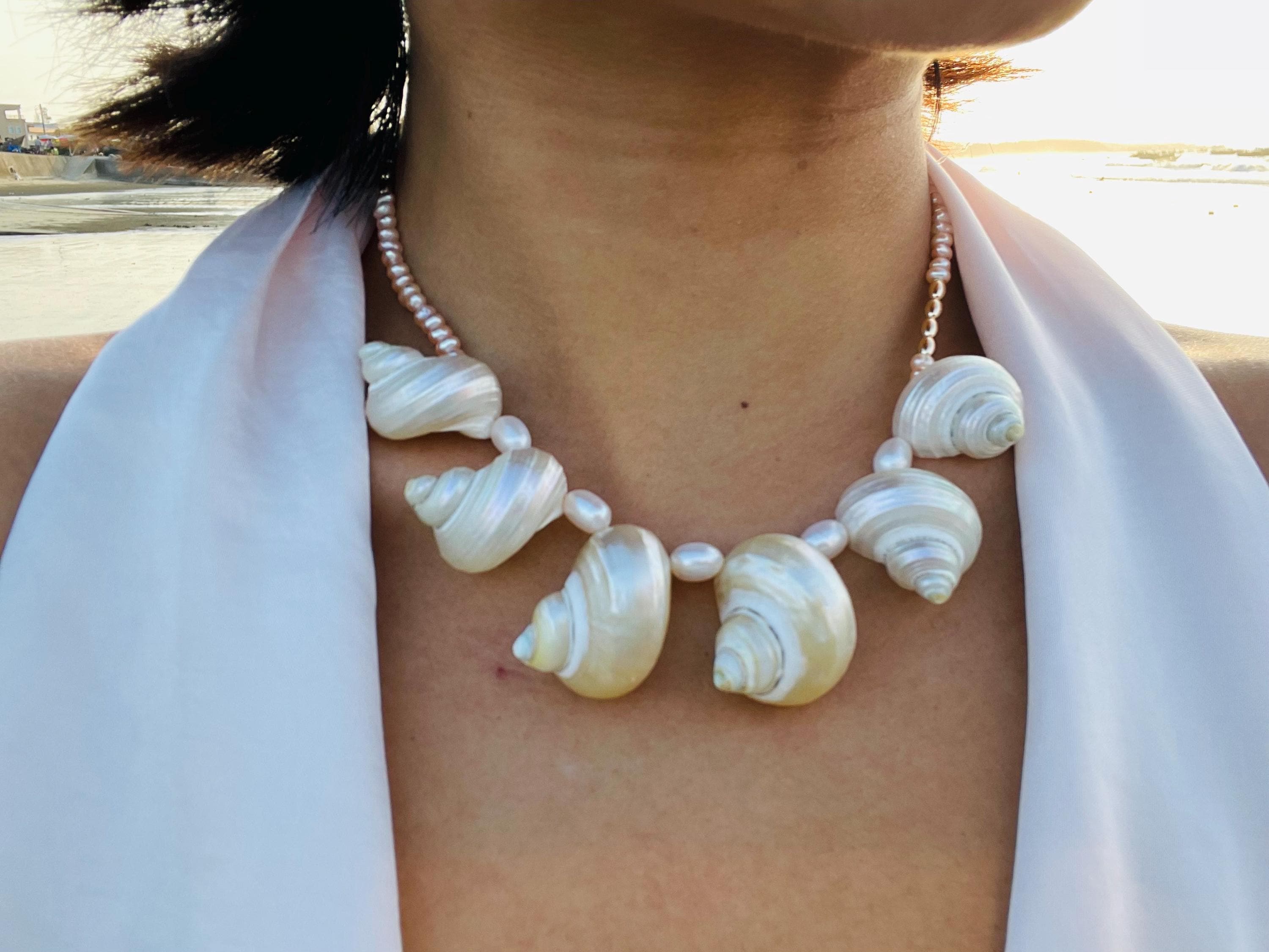 Ocean Pearl Dream | Natural Freshwater Pearl Necklace with Fluorescent Conch Shell,Intricate Handmade Island, Perfect for Vacation Wear