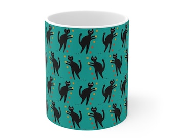 Devil Cat mug - turquoise base, black devil cats