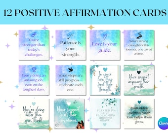 May include: Twelve watercolor affirmation cards with positive messages. The cards feature a variety of colors, including blue, green, pink, and purple. The messages on the cards include "You're stronger than today's challenges", "Patience is your strength", "Love is your guide", "You're strong enough for this journey, one day at a time", "You're doing an amazing job, even on the toughest days", "Small steps are still progress - celebrate each one", "In your love, they find their strength", "Your support empowers their growth", "You're doing better than you think", "Your support fuels their confidence", "Planted in love, blossoming through grace", and "Even in the storms, your love helps them grow".