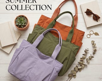 Personalized Water-Resistant Nylon Tote, Multi-Pocket Shoulder Bag, Casual Travel