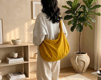 Personalized Nylon Dumpling Bag, Lightweight Hobo Shoulder Purse, Minimalist Japanese Style Travel Bag