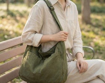 Large Canvas Crossbody Bag, Japanese Style Tote, Everyday Shoulder Bag