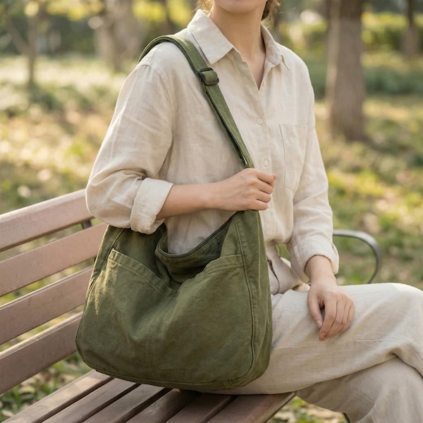 Large Canvas Crossbody Bag, Japanese Style Tote, Everyday Shoulder Bag