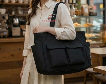 Personalized Canvas Tote Bag with Pockets, Large School Shoulder Bag