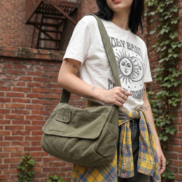 Personalized Washed Canvas Hobo Bag, Custom Crossbody Messenger Tote, Japanese Style Bag