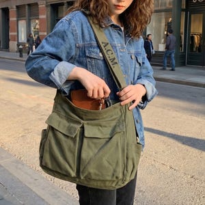 Large Canvas Crossbody Bag, Japanese Style Tote, Everyday Shoulder Bag