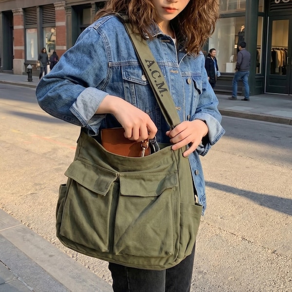 Large Canvas Crossbody Bag, Japanese Style Tote, Everyday Shoulder Bag