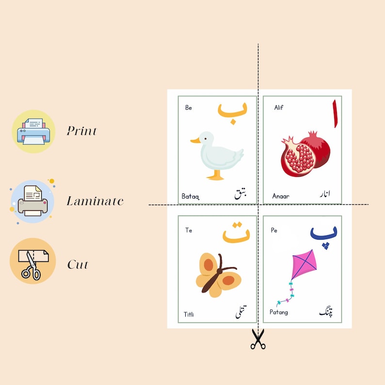 Urdu Alphabet Flash Cards, Educational Flash Cards, Urdu Language Cards