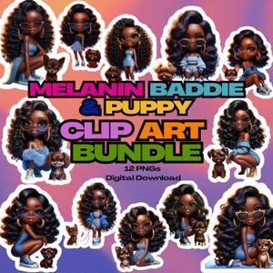 Melanin Baddie & Puppy Clip Art Bundle - 12 PNGs Download Digital | Moda Ousada | Cabelo Cacheado e Cachorrinho Brincalhão | Garota Negra Mágica da Moda