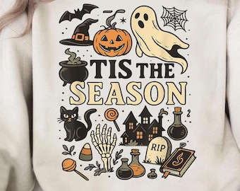 Tis' the Season, Estetica retrò di Halloween, T-shirt grafica da donna con strega e zucca di Halloween, Maglietta vintage di Halloween, Felpa, Felpa con cappuccio