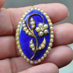 Georgian 10K Enamel Pearls & Diamond Brooch