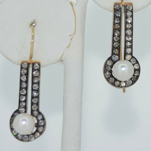 Victorian 14K with Sterling Rose Cut Diamond & Pearl Earrings
