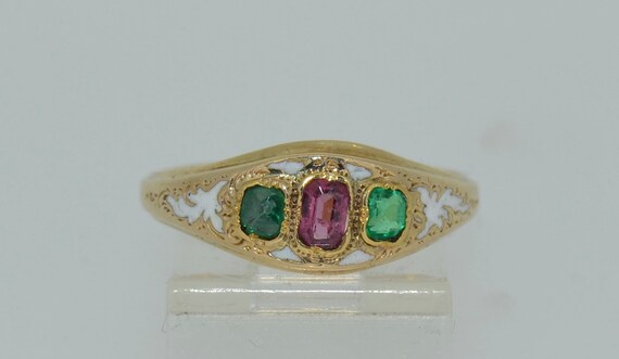 Victorian 14K White Enamel Garnet and Emerald Ring - image 6