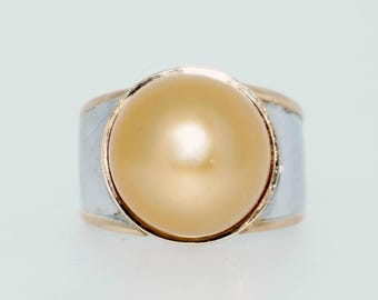 15mm Golden South Sea Pearl Ring in 14K White & Yellow Gold