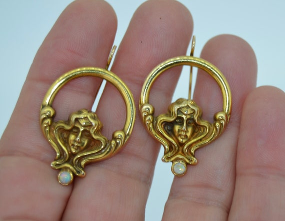 14K & Opal Art Nouveau Style Hoop Earrings - image 5