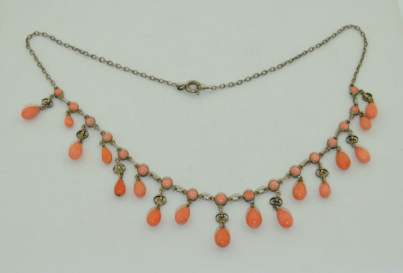 Victorian 800 Gilt Silver Coral Ring Drop Necklace - image 4