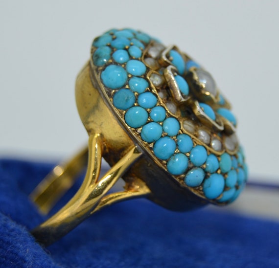 Unusual Victorian Pave Turquoise & Pearl Flower R… - image 7